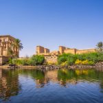The beautiful temple of Philae and the Greco-Roman buildings seen from the Nile river, a temple dedicated to Isis, goddess of love. Aswan. Egyptian