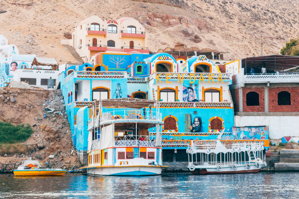 aswan, egypt. 14th october, 2021: colorful houses of nubian village in aswan, egypt