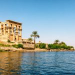 Temple of Philae in Aswan, Egypt is dedicated to the goddess Isis. It is located on an island and is accessible only by water taxi.