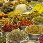 Variety of spices on the street market stall. Africa, Aswan - Egypt, Middle East, Nubia