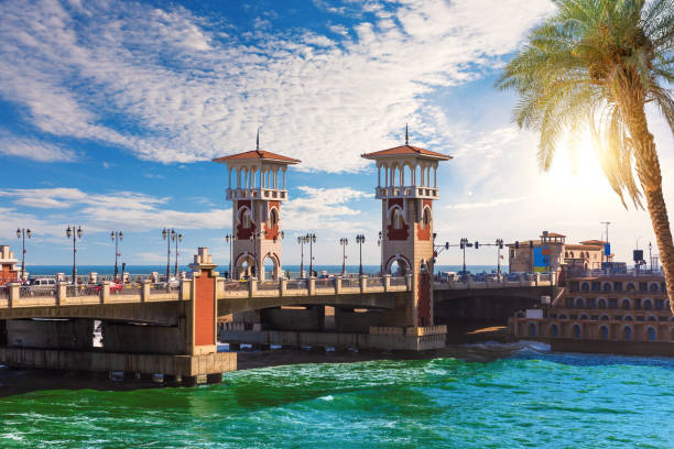 The famous towers of Stanley Bridge, popular architectural landmark, Alexandria, Egypt.