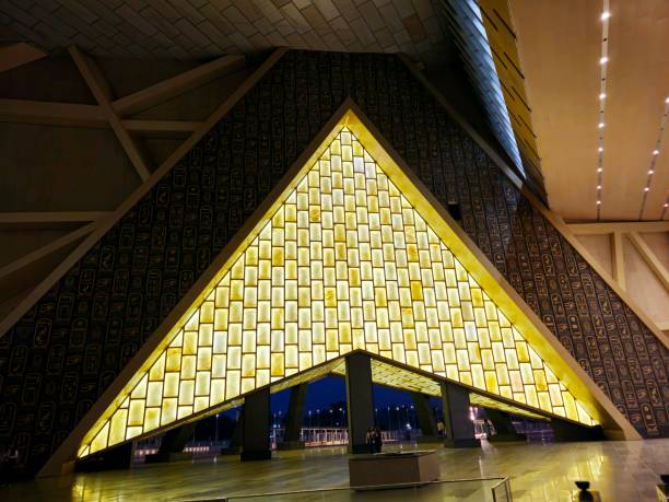 Giza, Egypt, April 13 2024: The Grand Egyptian Museum, Giza Museum, Egypt's gift to the world, the largest archaeological museum in the world, about 2 kilometers from Giza pyramid complex, selective focus