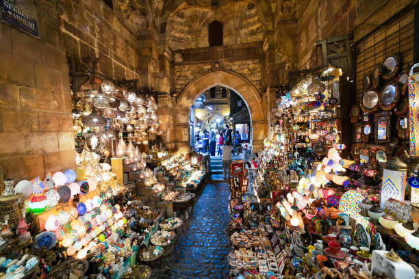 Streets Illuminated by Lanterns and Overflowing with Traditional Egyptian Goods.at Khan El-Khalili Bazaar at Night.