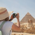 World traveler visits Kheops pyramid (Khufu), Khafra and Menkaura